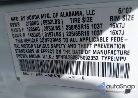 2007 Honda Odyssey Lx from USA, damaged, VIN 5FNRL38257B092353